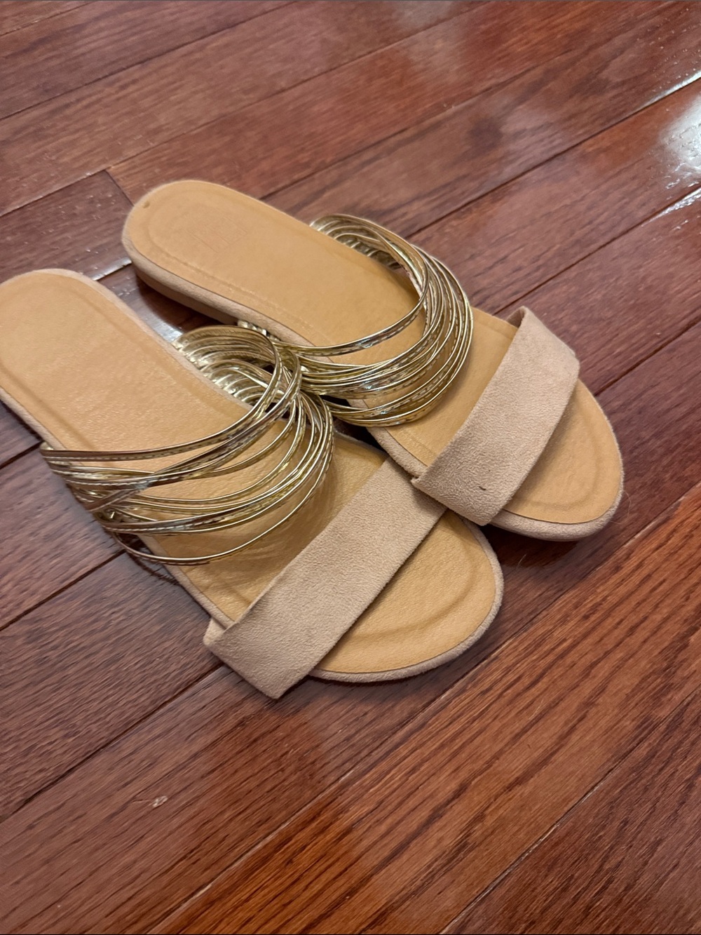 Women's Tan Slide Sandals with Gold Coil Accent